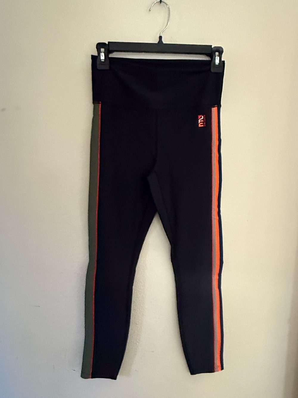 P.E Nation Black Leggings with Orange & Olive Side Stripes